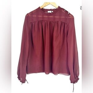 Wilfred Burgundy Long-Sleeve Sheer Yoke Blouse